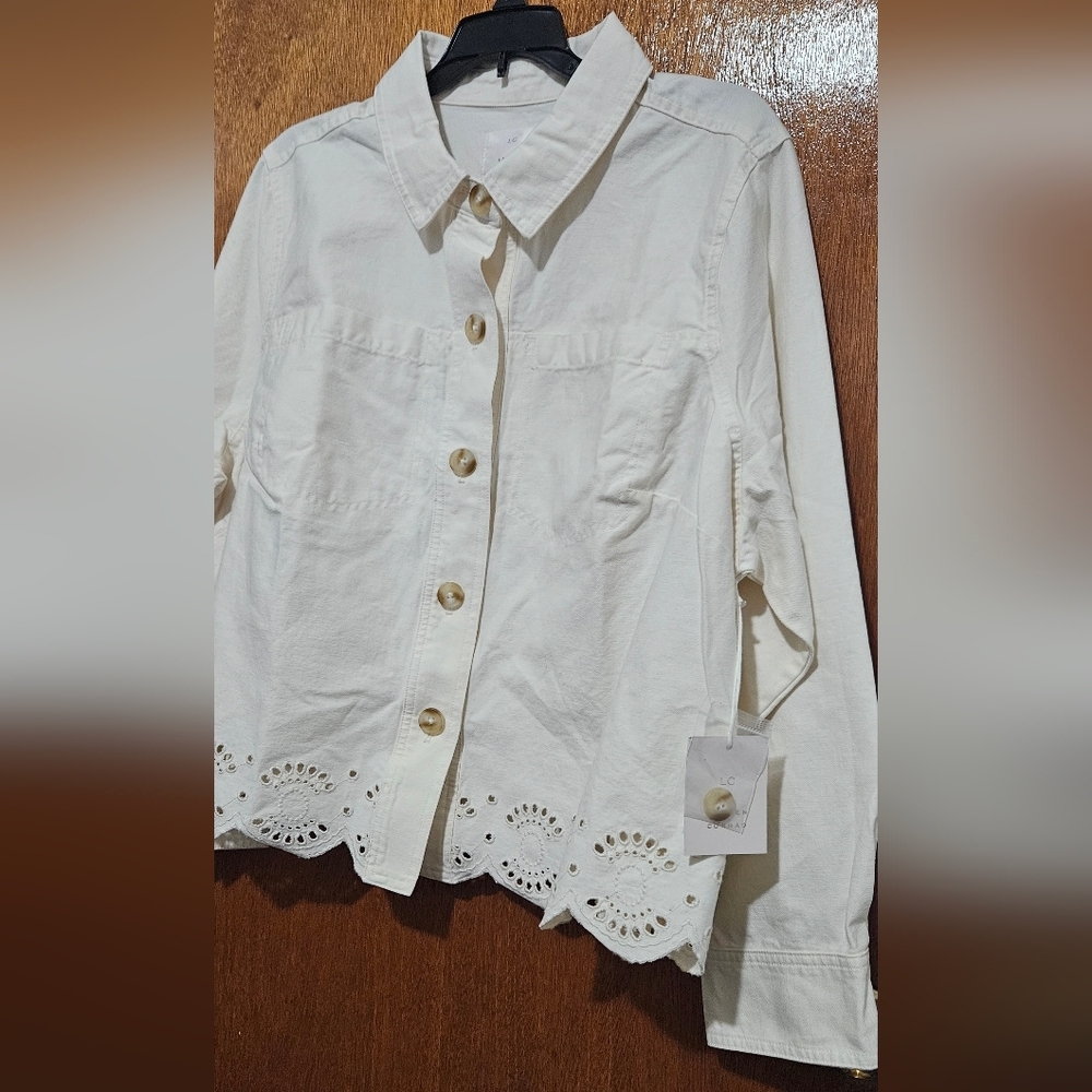 LC Lauren Conrad/ Trucker Jacket /100% cotton /eyelet hem/ plus size/ivory color - Picture 6 of 13